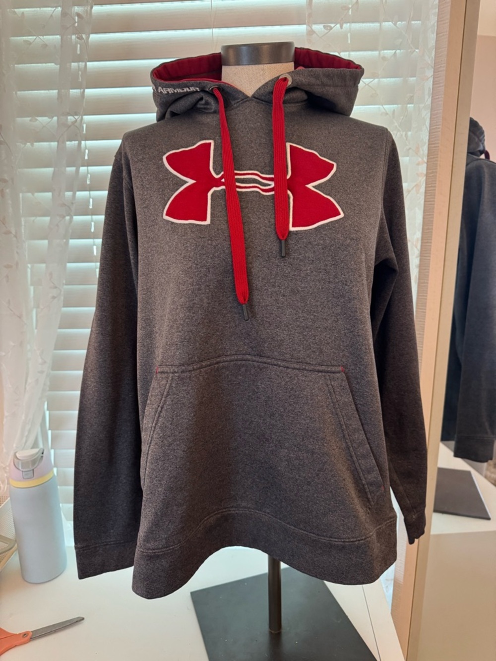 Under Armour Dark Gray Hoodie with Red Logo and Drawstrings